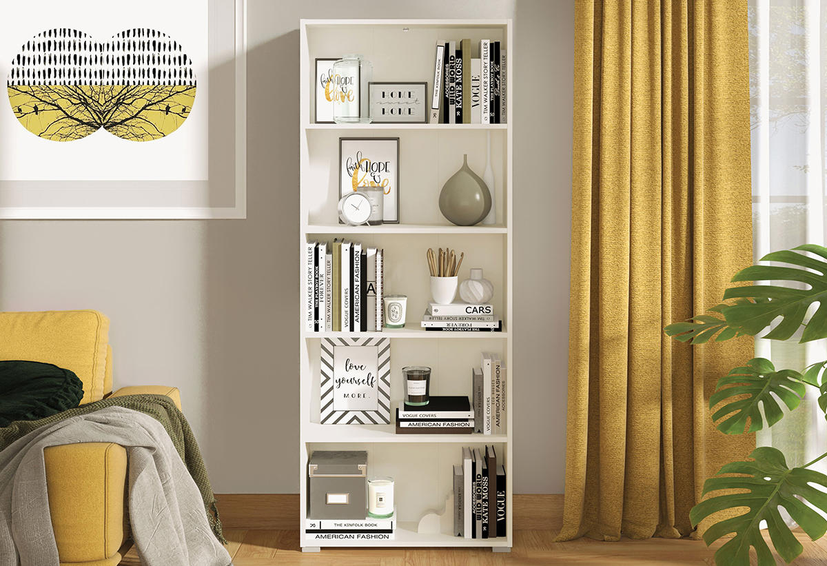 Απεικονίζεται η βιβλιοθήκη με βιβλία και διακοσμητικά αντικείμενα σε σαλόνι.